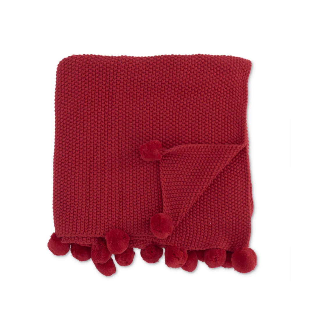 Red Knit Pom Pom Throw