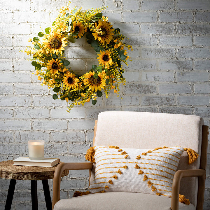 White & Gold Striped Tassel Lumbar Pillow