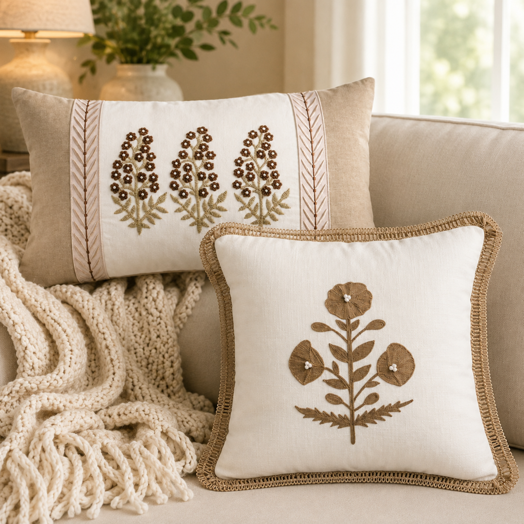 Neutral Floral Trim Pillow