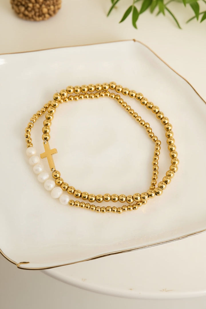 Narelle Waterproof Pearl And Cross Stretch Bracelet