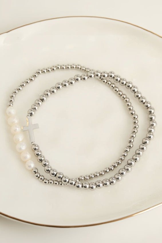 Narelle Waterproof Pearl And Cross Stretch Bracelet