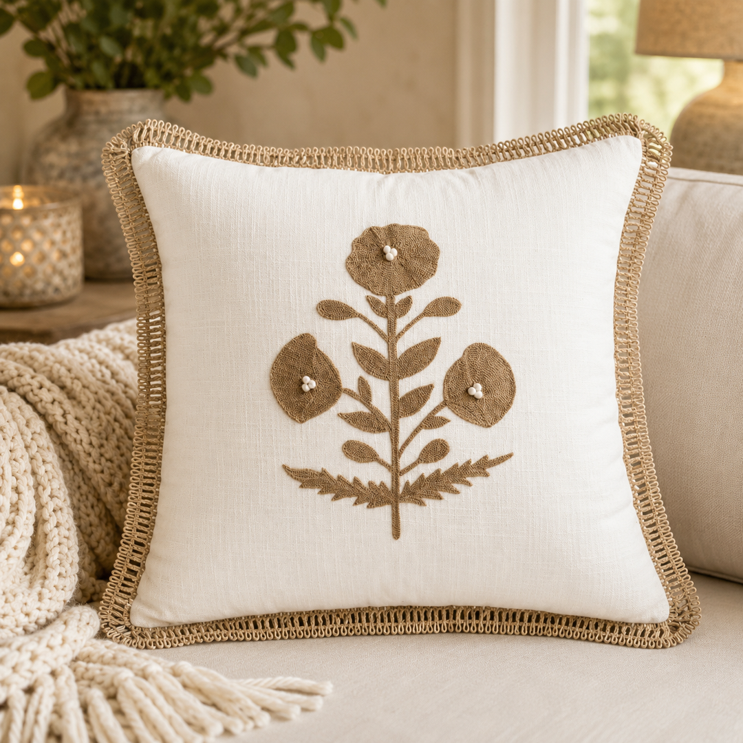 Neutral Floral Trim Pillow