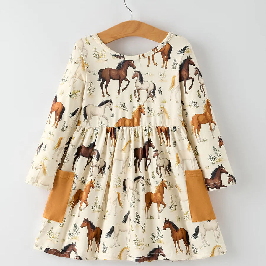 Western Horse Print Long Sleeve Dress