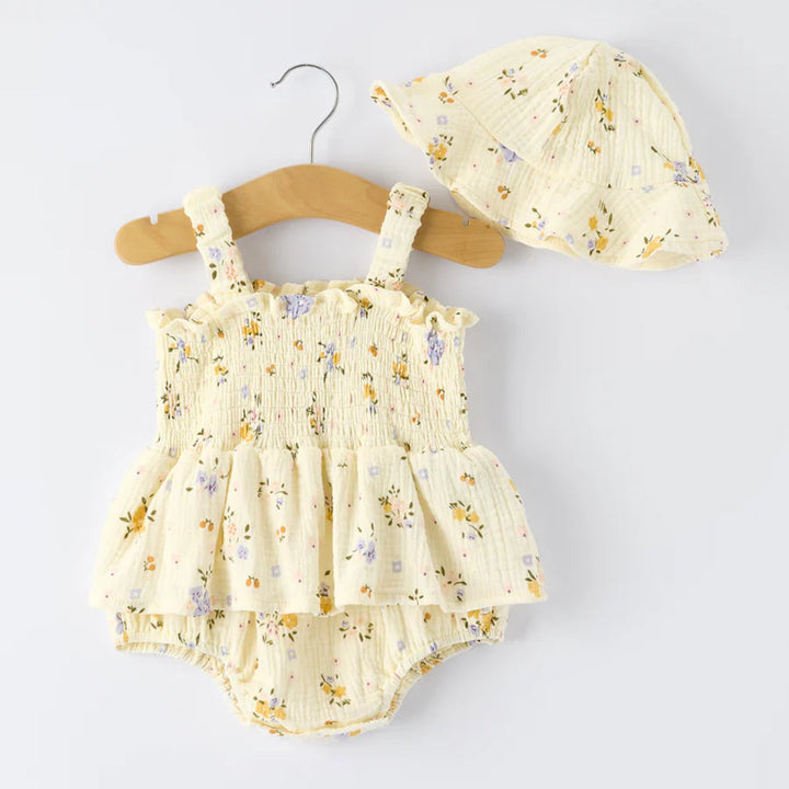 Muslin Floral Smocked Baby Romper & Hat