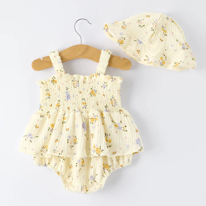 Muslin Floral Smocked Baby Romper & Hat
