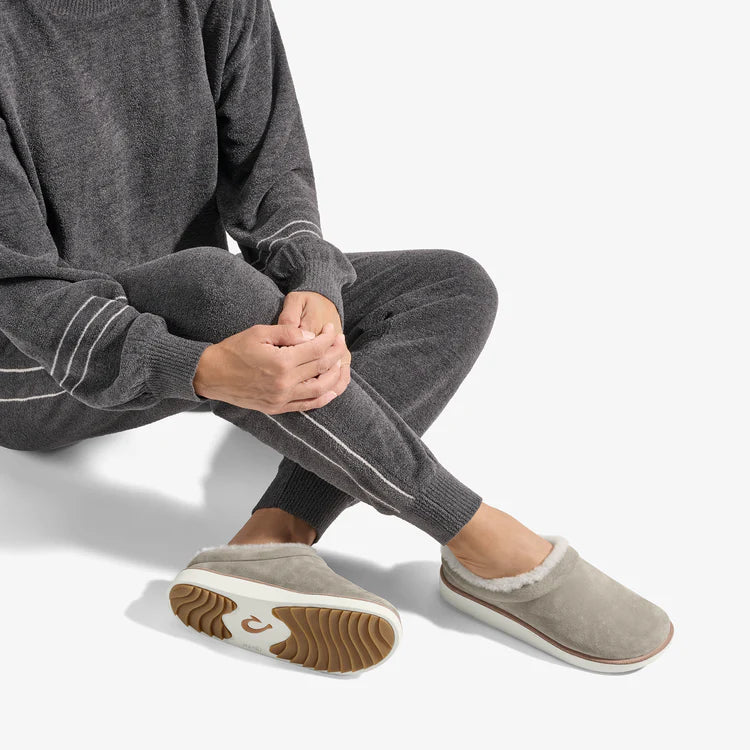 Olukai Mani Taupe Grey Women’s Leather Mule Slippers