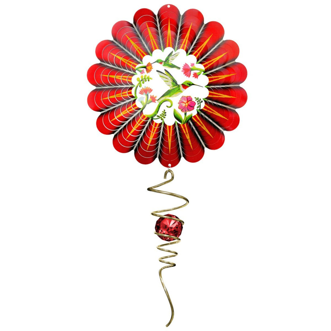 Decorative wind spinner with red and gold design on a white background