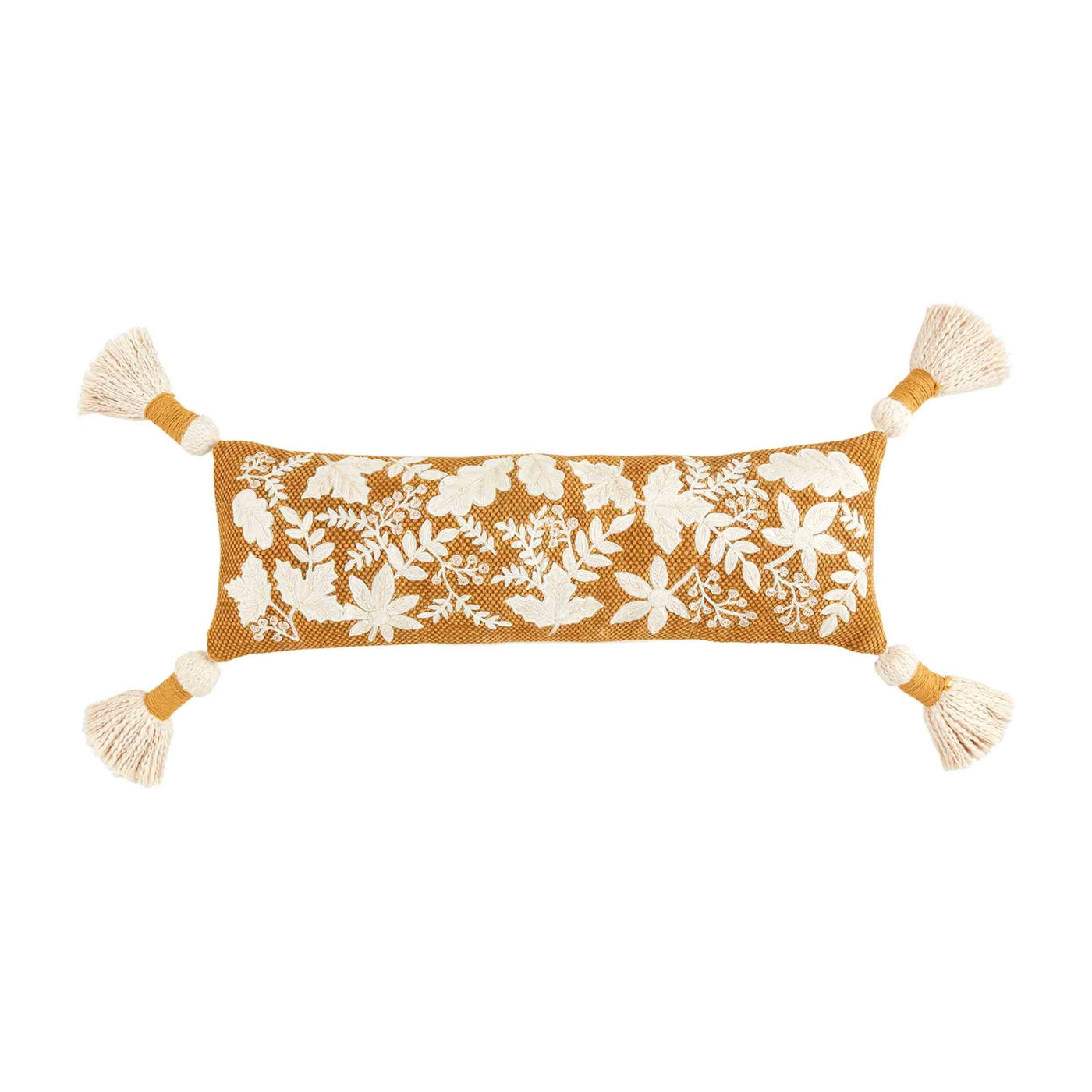 Mustard Leaf Embroidered Tassel Pillow