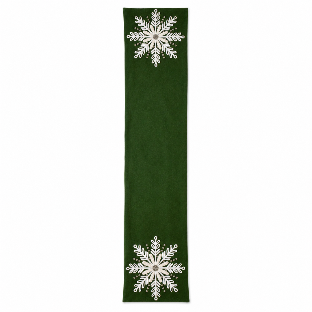 Beaded Embroidered Snowflake Wool Table Runner