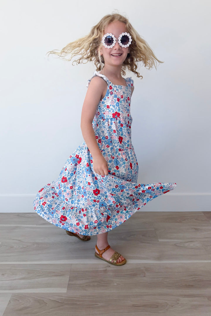 Patriotic Petals Girl's Ruffle Maxi Dress