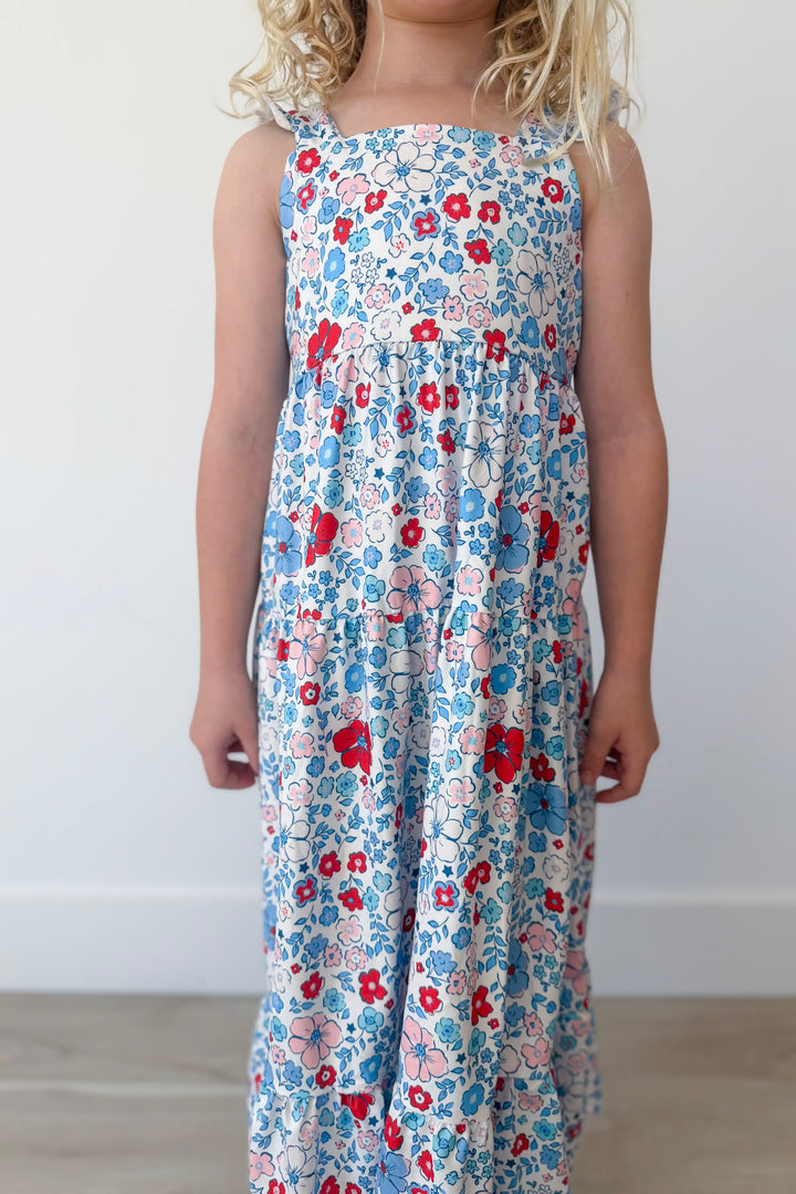 Patriotic Petals Girl's Ruffle Maxi Dress