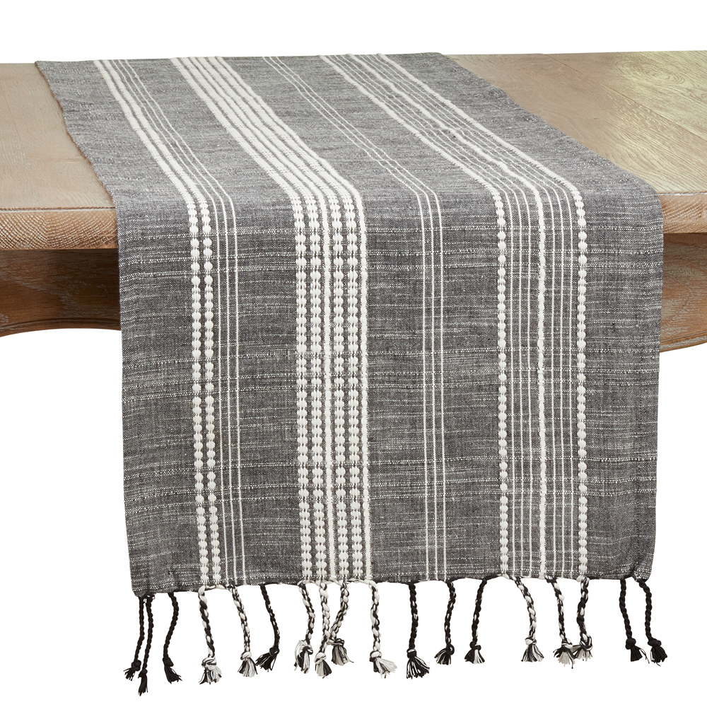 Black Washed Stripe Tassel Table Runner