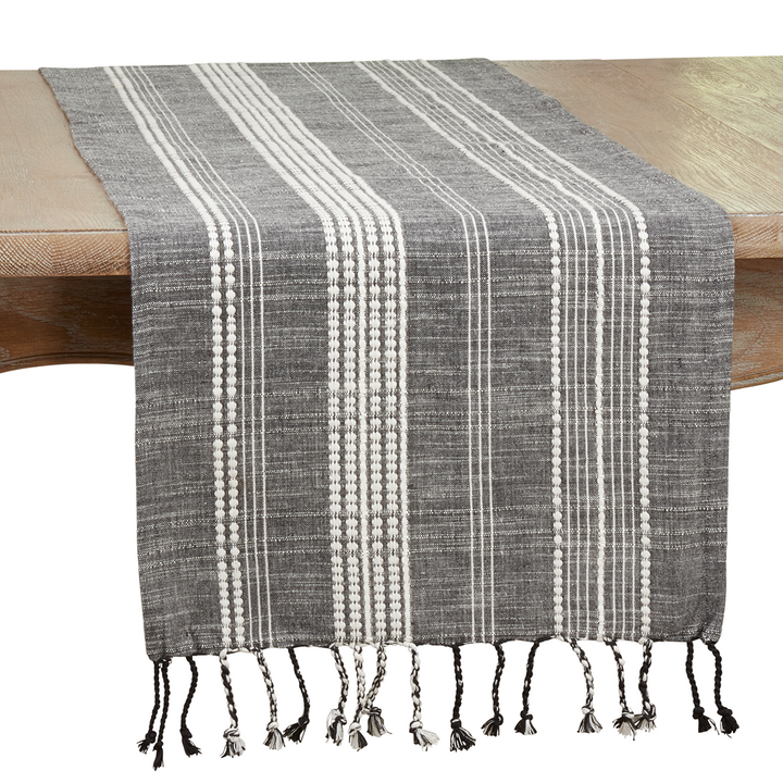 Black Washed Stripe Tassel Table Runner