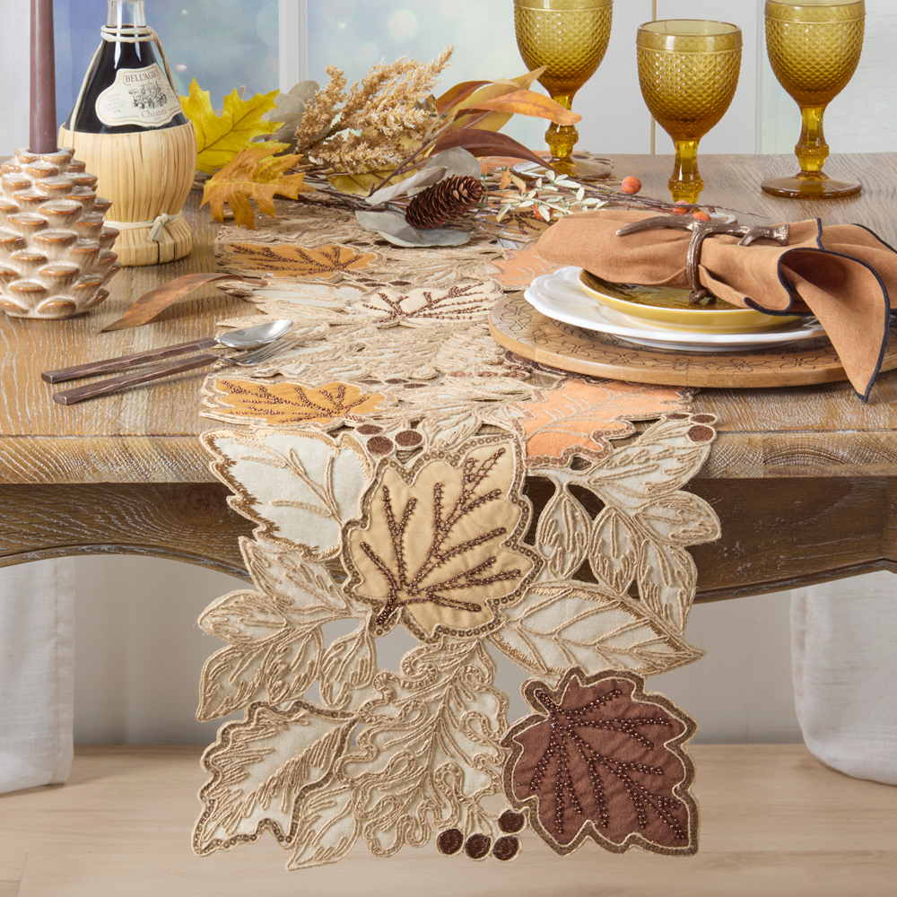 Embroidered Autumn Leaf Table Runner