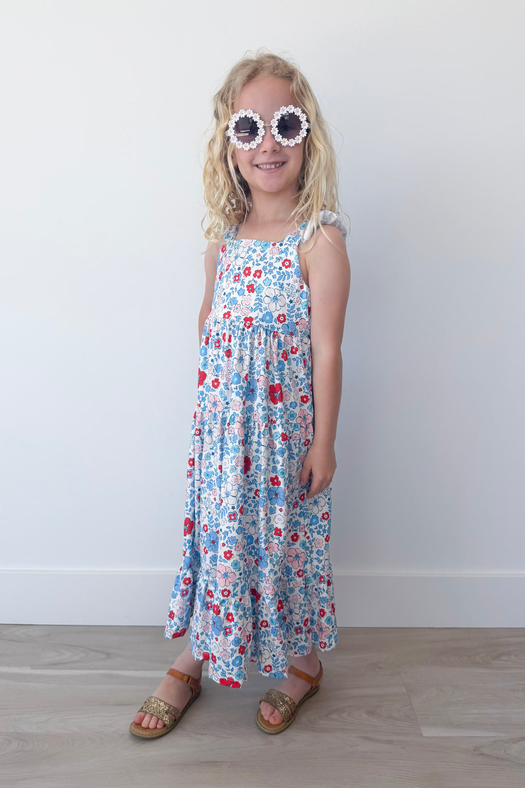 Patriotic Petals Girl's Ruffle Maxi Dress