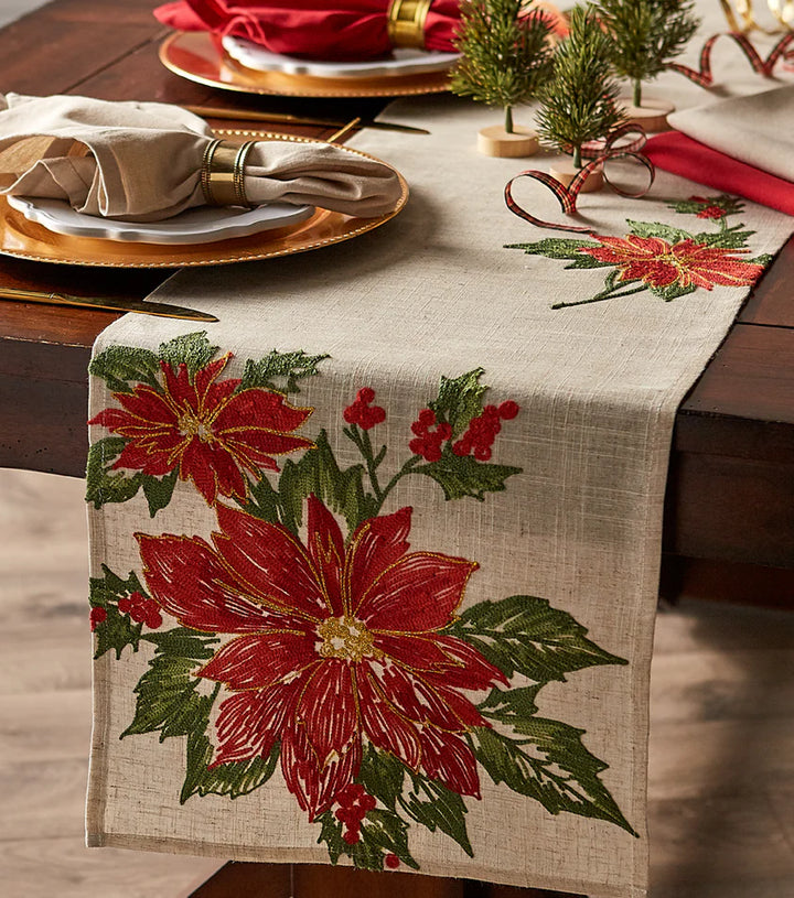 Poinsettia Holly Embroidered Table Runner