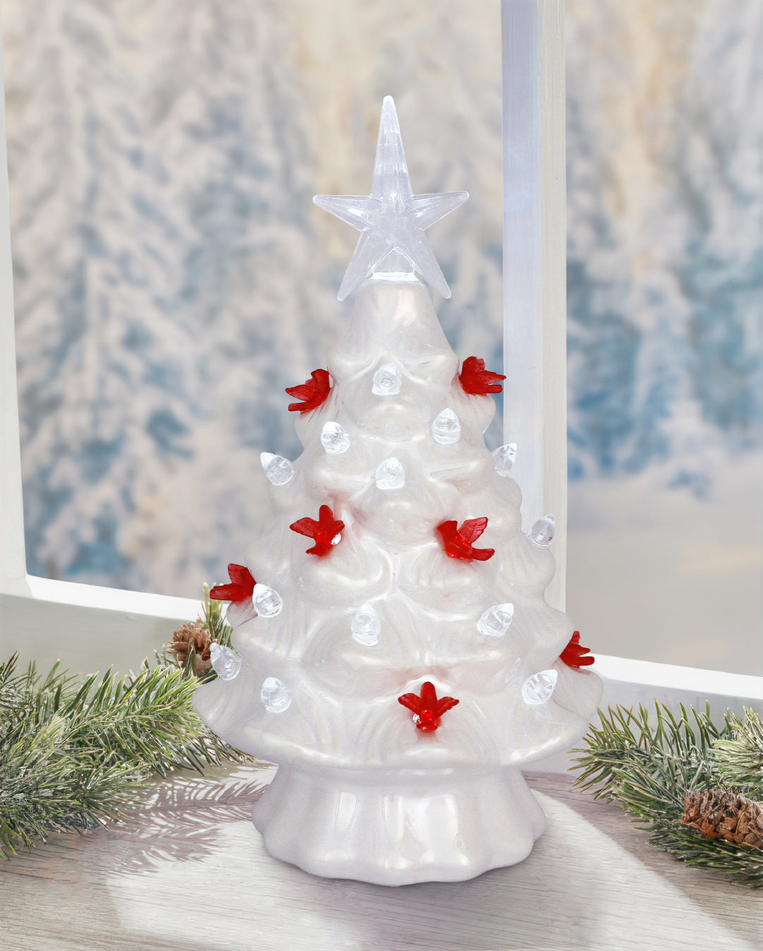 Iridescent Lighted White Cardinal Tree