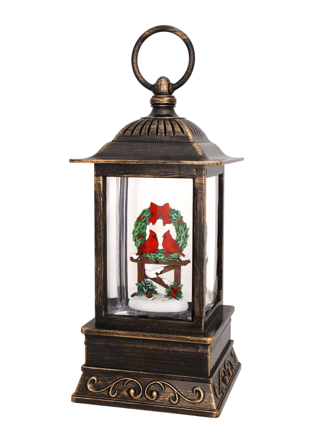 Winter Wreath Cardinals Lighted Glitter Lantern