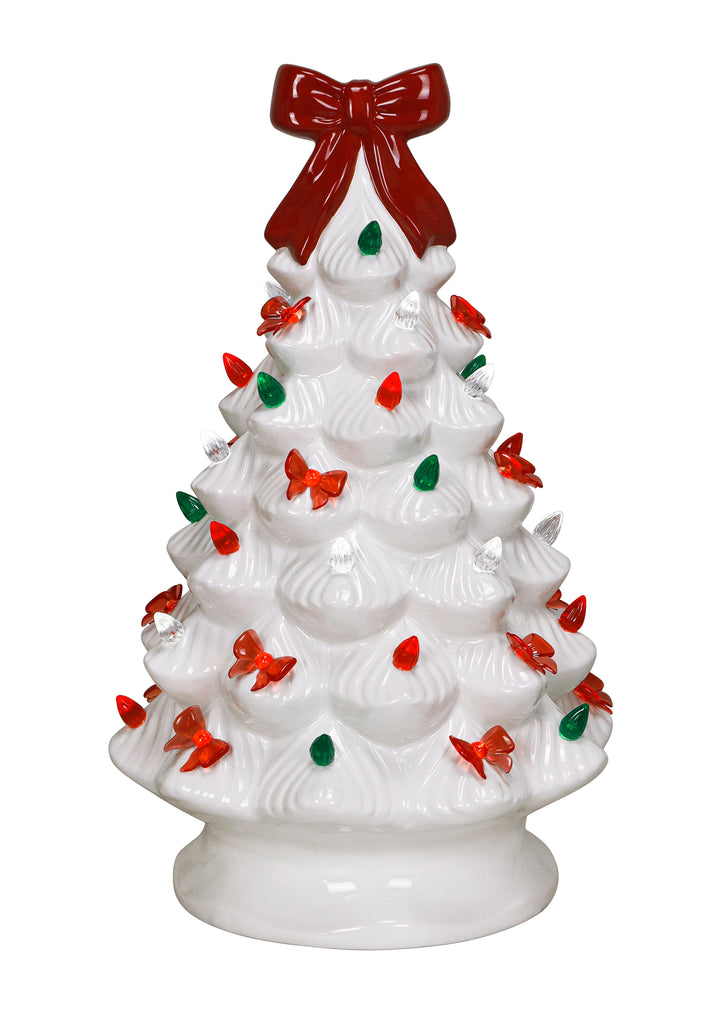 Red Bow Lighted White Christmas Tree