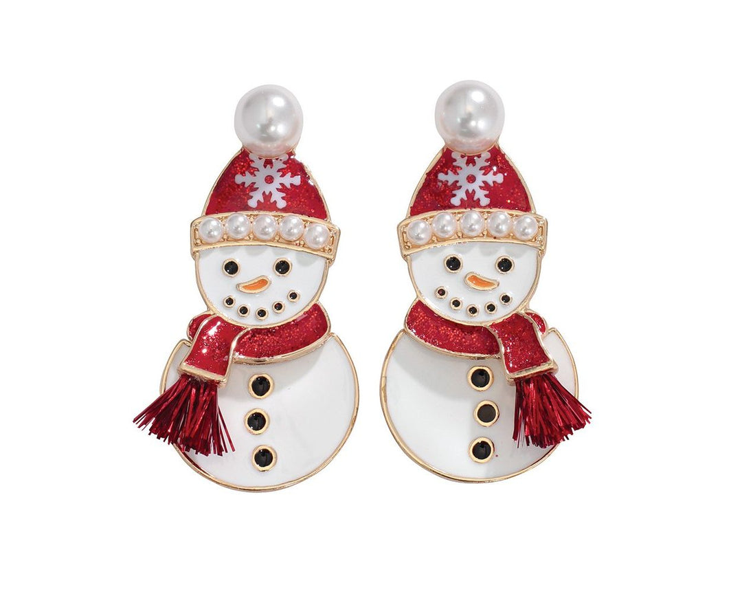 Enameled Snowmen w Pearls Earrings