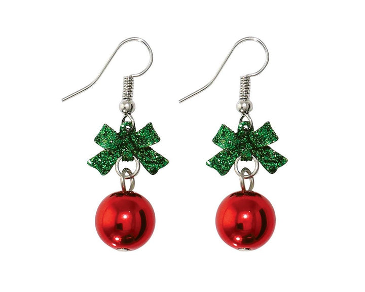 Green Bow Red Ornament Earrings