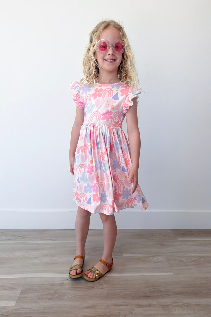Castles & Rainbows Girl's Flutter Sleeve Twirl Dress
