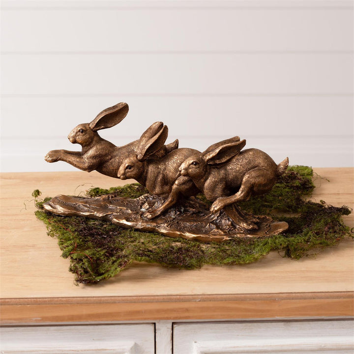 Golden Leaping Rabbits Figurine