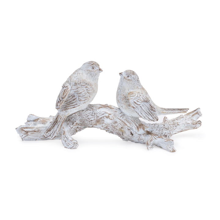 Whitewashed Birds On Branch Figurine