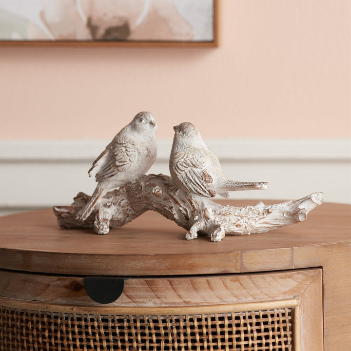 Whitewashed Birds On Branch Figurine