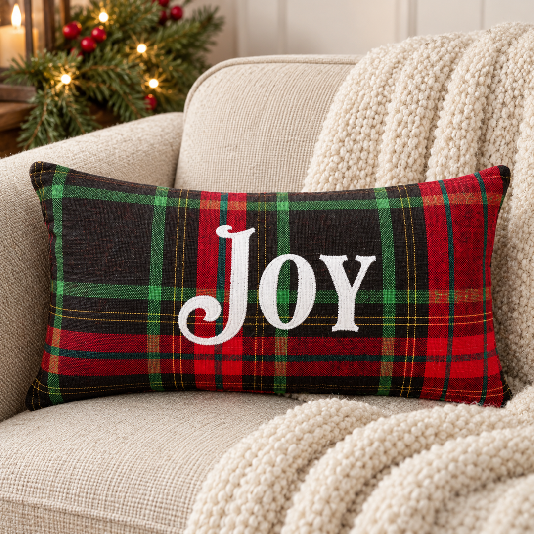 Joy Christmas Plaid Pillow