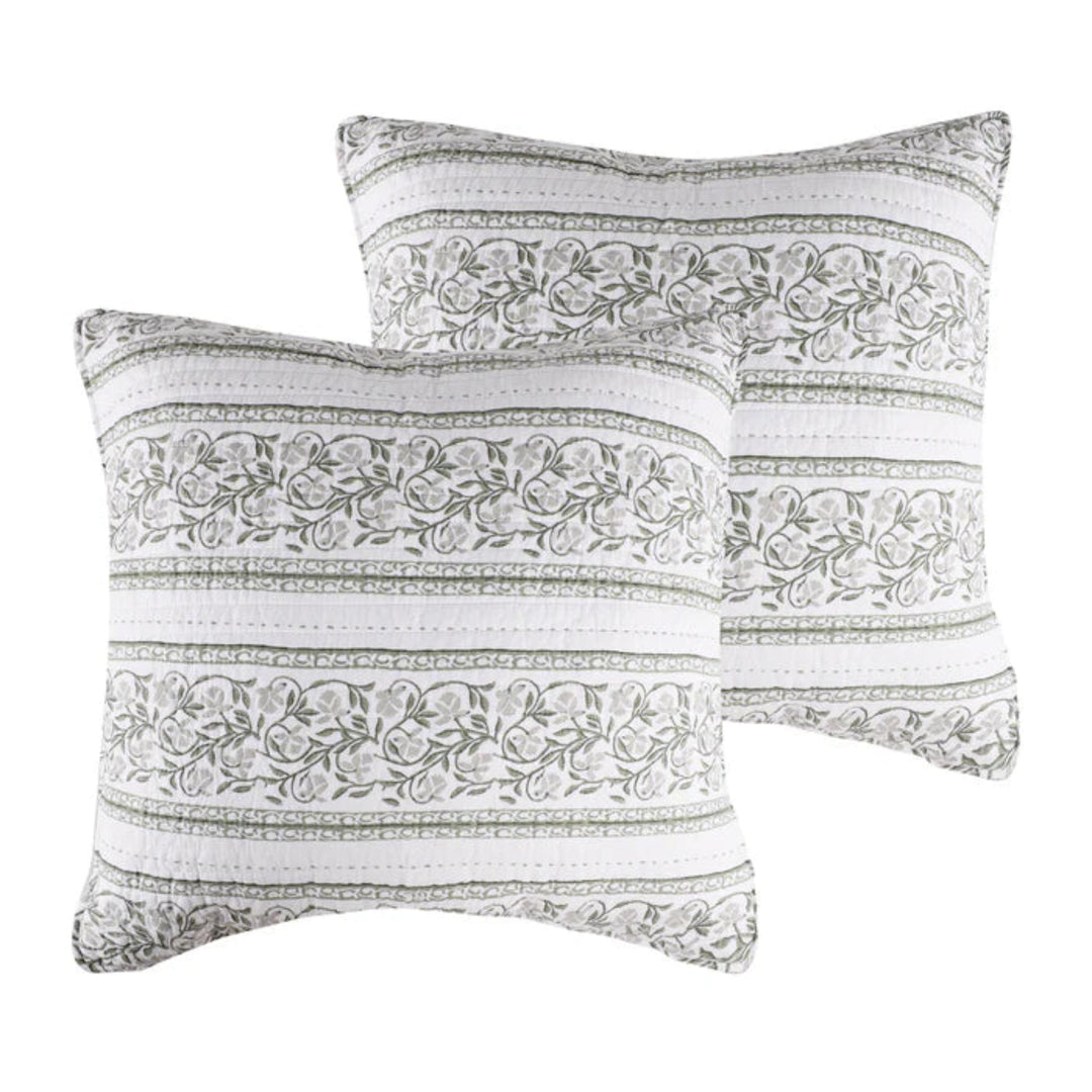 Two square decorative throw pillows with a white background and gray floral patterned stripes, shown against a plain white background.