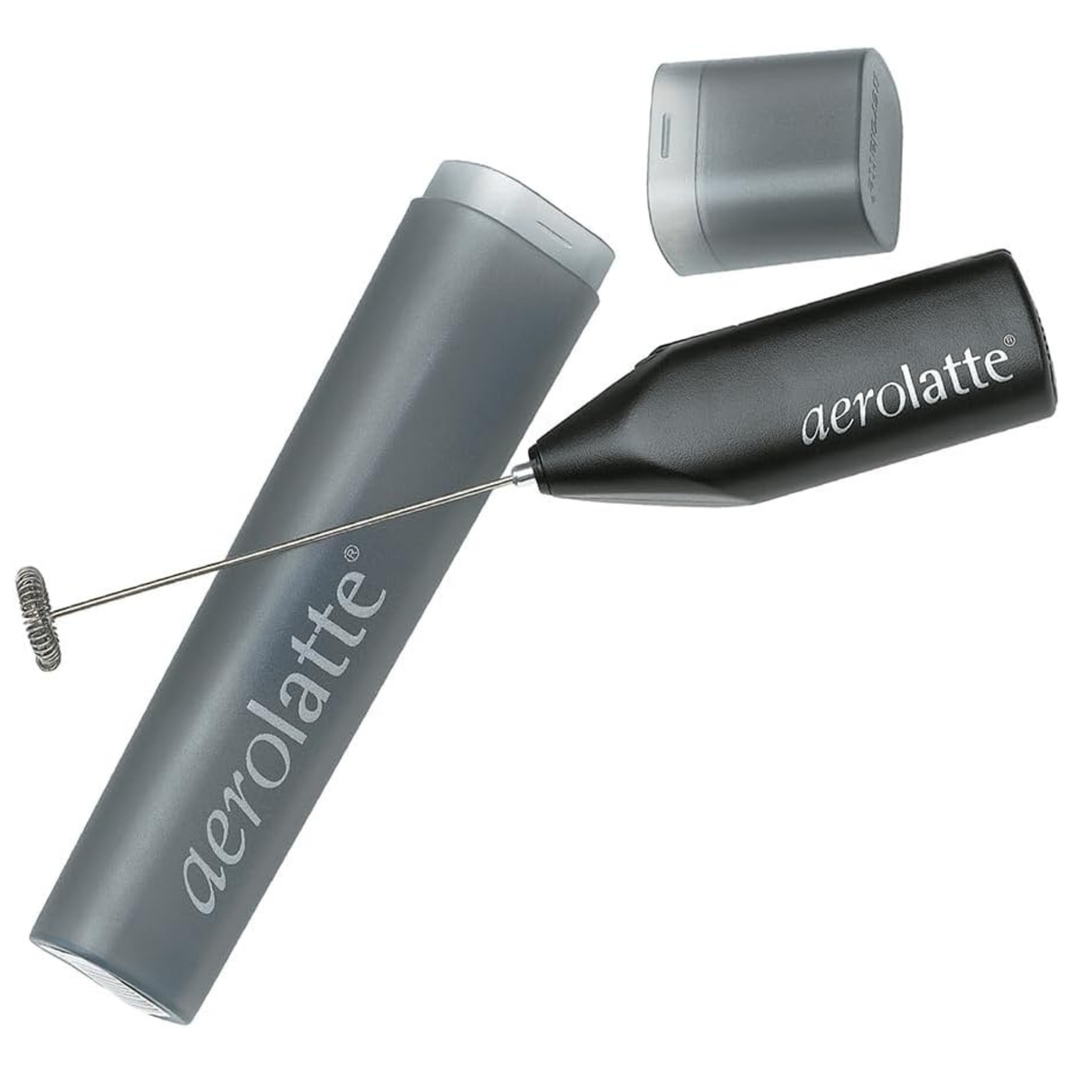 Aerolatte handheld milk frother and its matching gray carrying case on a plain white background. The frother has a black handle with the Aerolatte logo in white, and the case is also gray with the same branding.