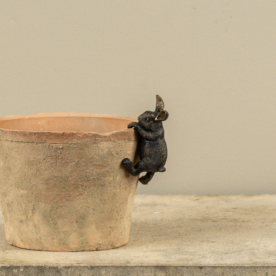Terracotta pot with a black metal pig figurine on a wooden surface and beige background