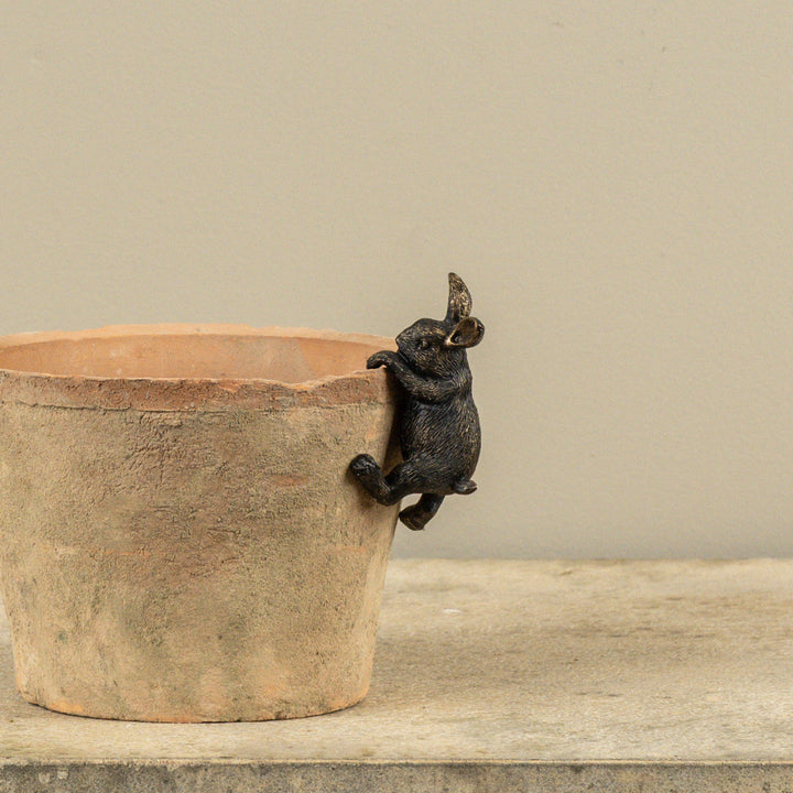 Terracotta pot with a black metal pig figurine on a wooden surface and beige background