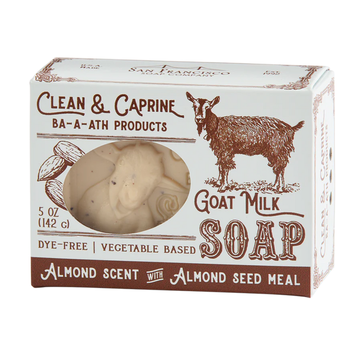 Box of Clean & Caprine goat milk soap with a goat illustration on a white background