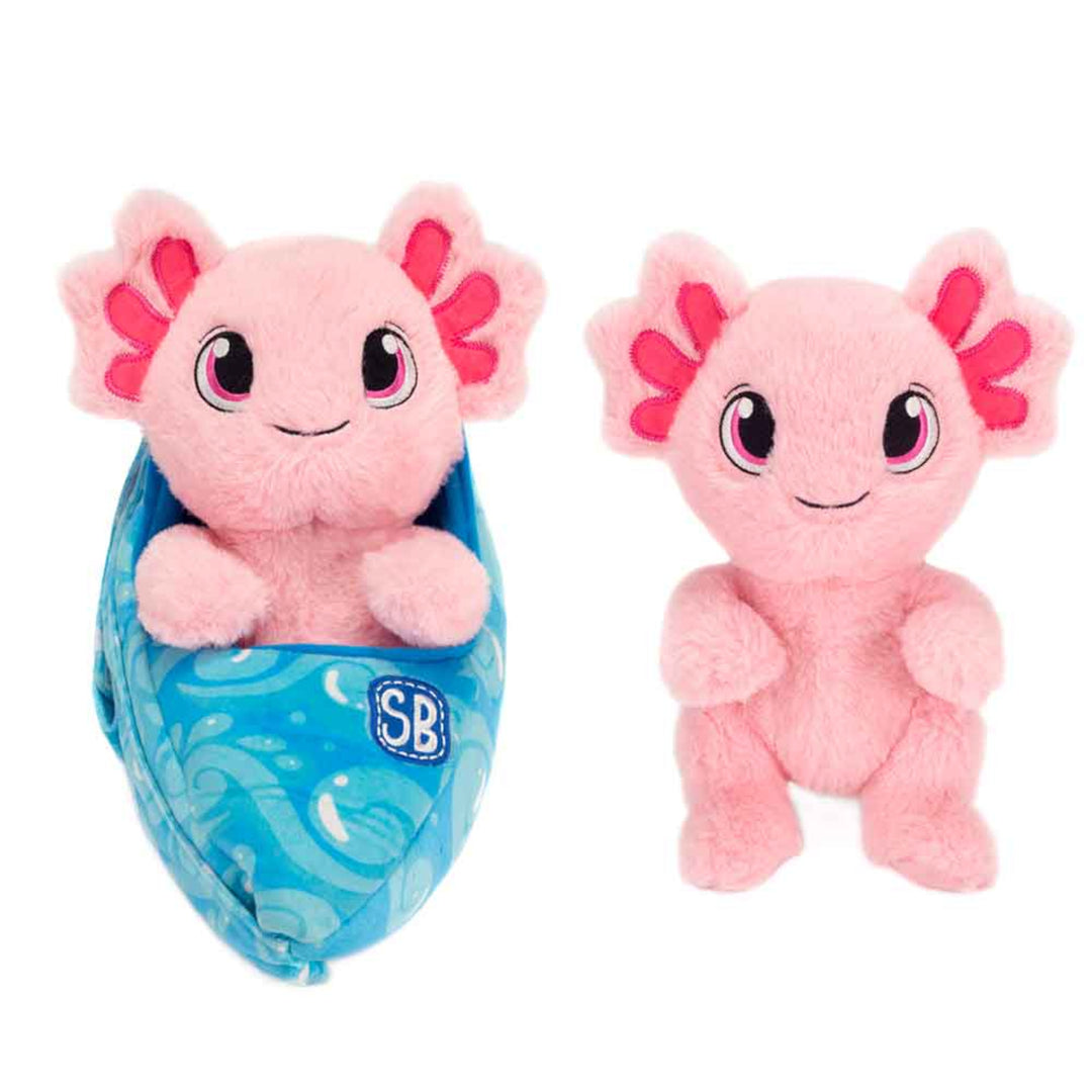 Pink plush toy with flower-like ears and a blue packaging featuring a logo on a white background