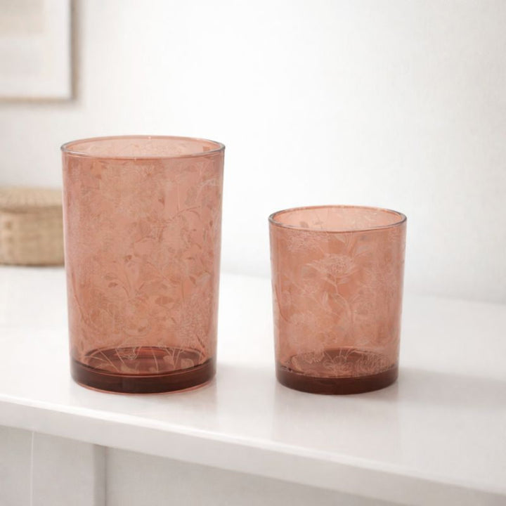 Amber Floral Patterned Candle Holder on white counter