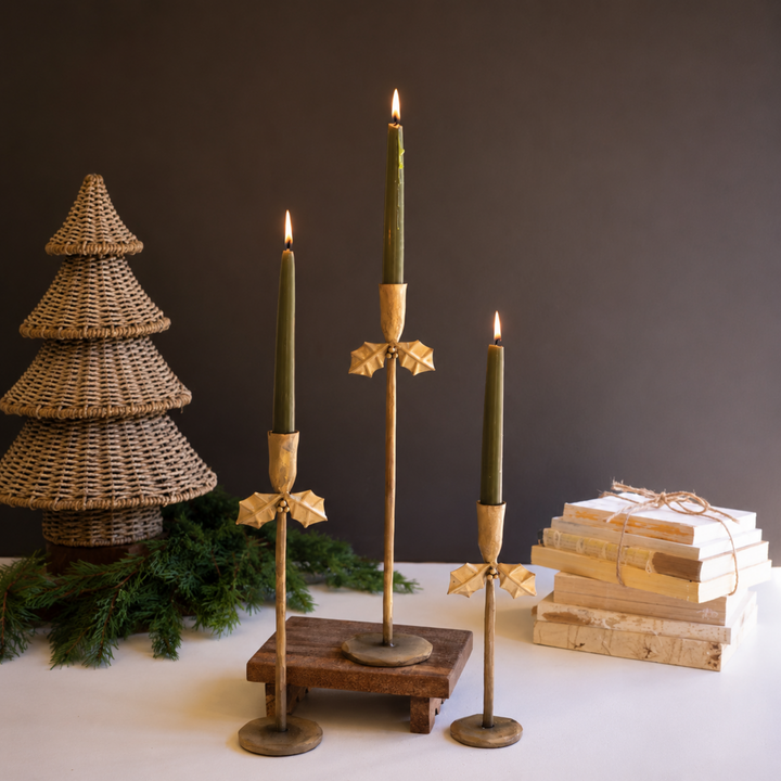 Antique Gold Holly Taper Candle Holder