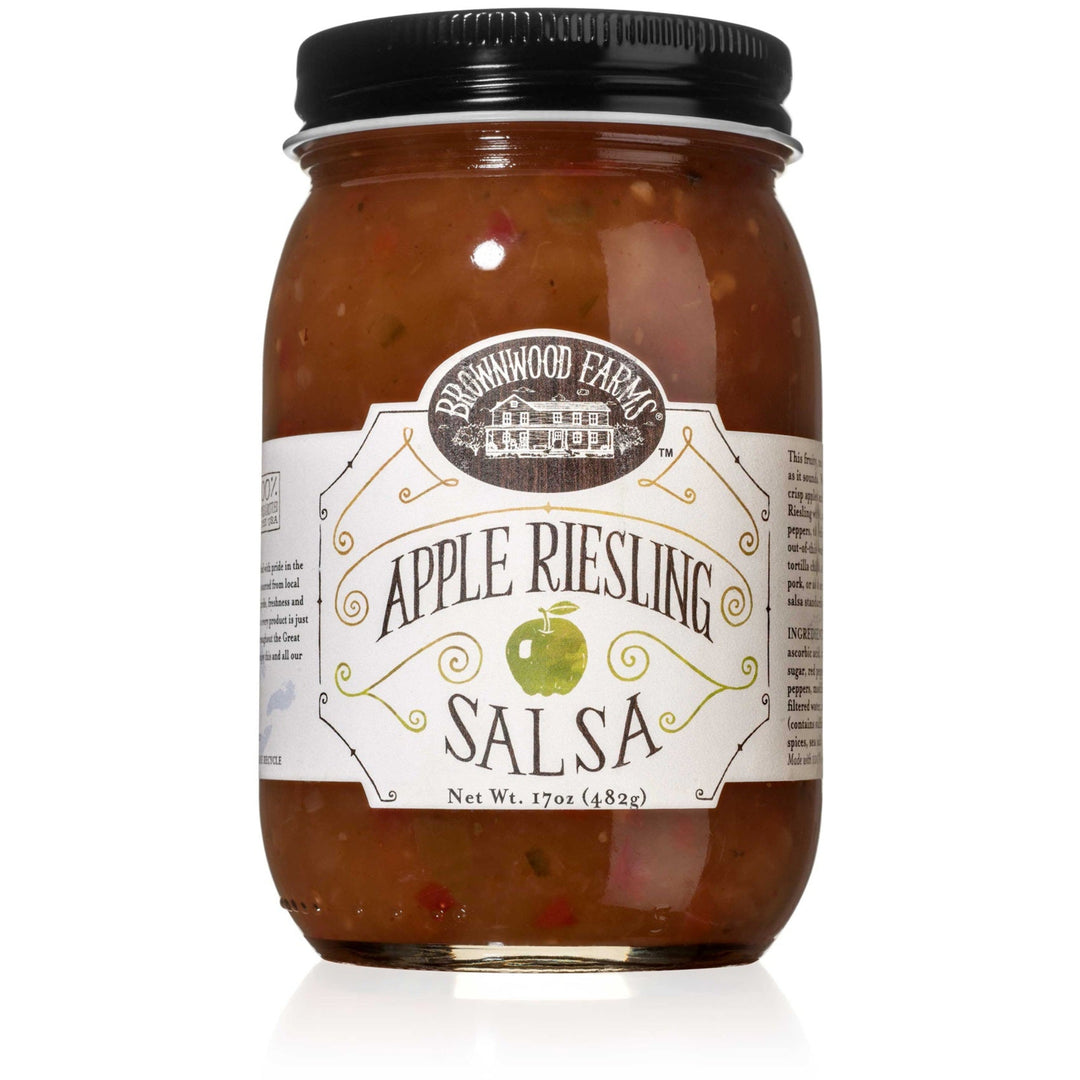 Jar of Apple Riesling Salsa with a label on a white background
