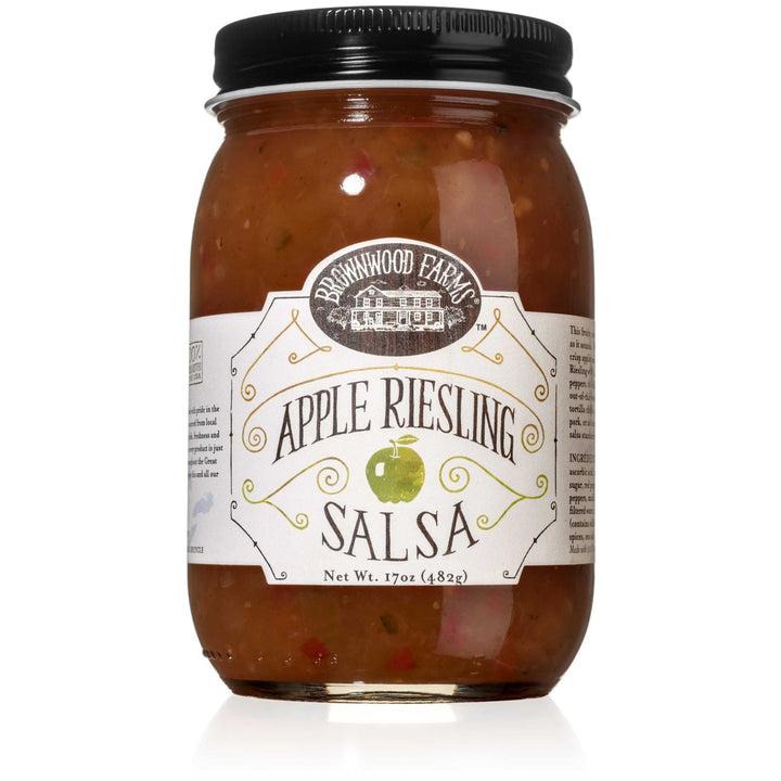 Jar of Apple Riesling Salsa with a label on a white background