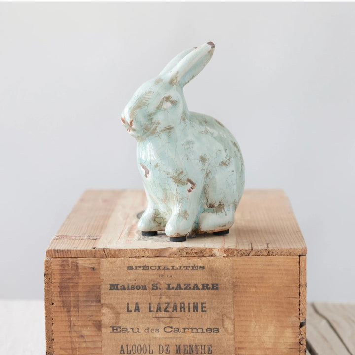 Aqua Crackle Glaze Terra Cotta Bunny Figurine