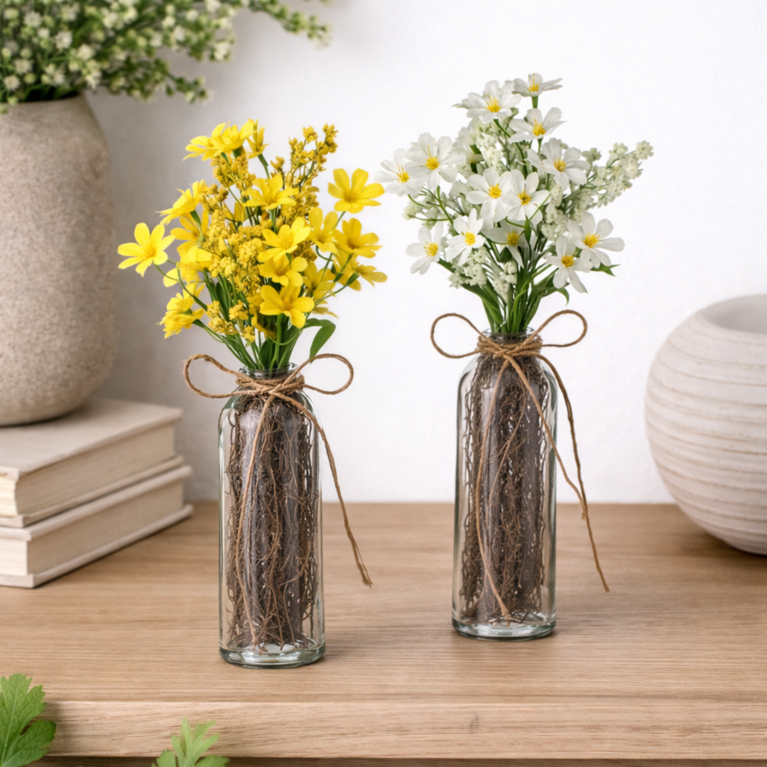 white and yellow asters in glass bottles on a wooden sideboard