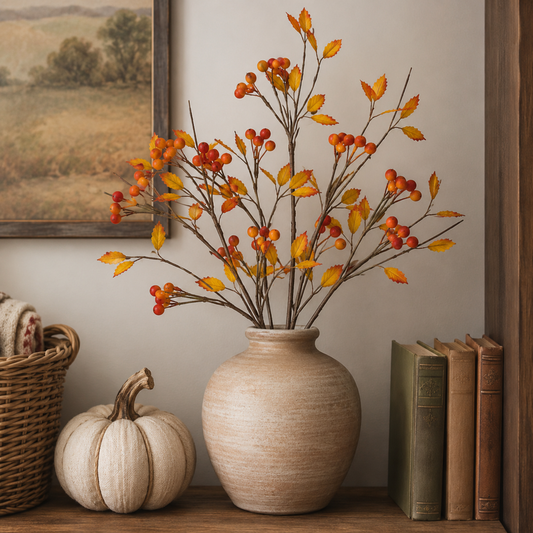 Autumn artificial branches with orange berries and yellow leaves arranged in a textured beige ceramic vase on a wooden shelf, styled with a small pumpkin, a woven basket, and vintage books.