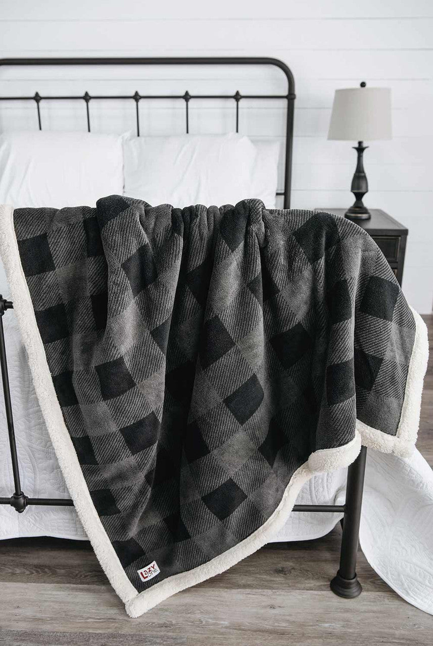 Dark Grey Plaid Sherpa Blanket