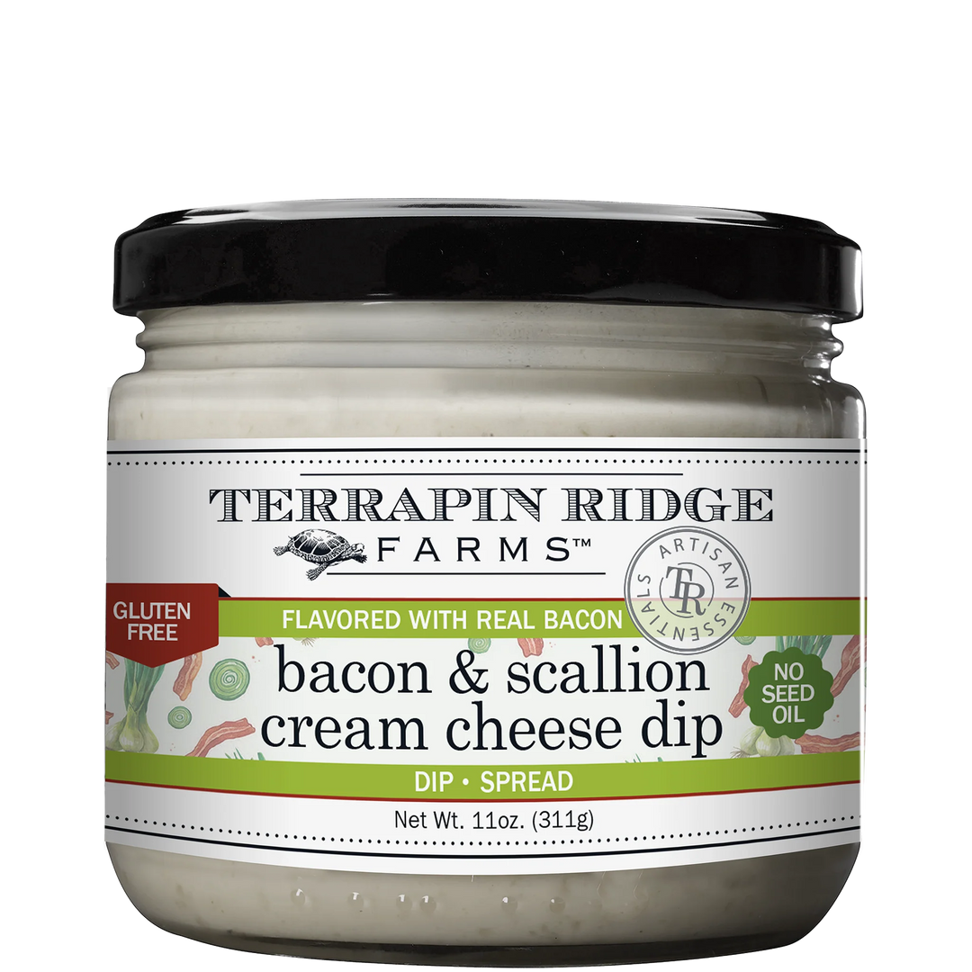 Jar of Terrapin Ridge Farms bacon and scallion cream cheese dip on a white background