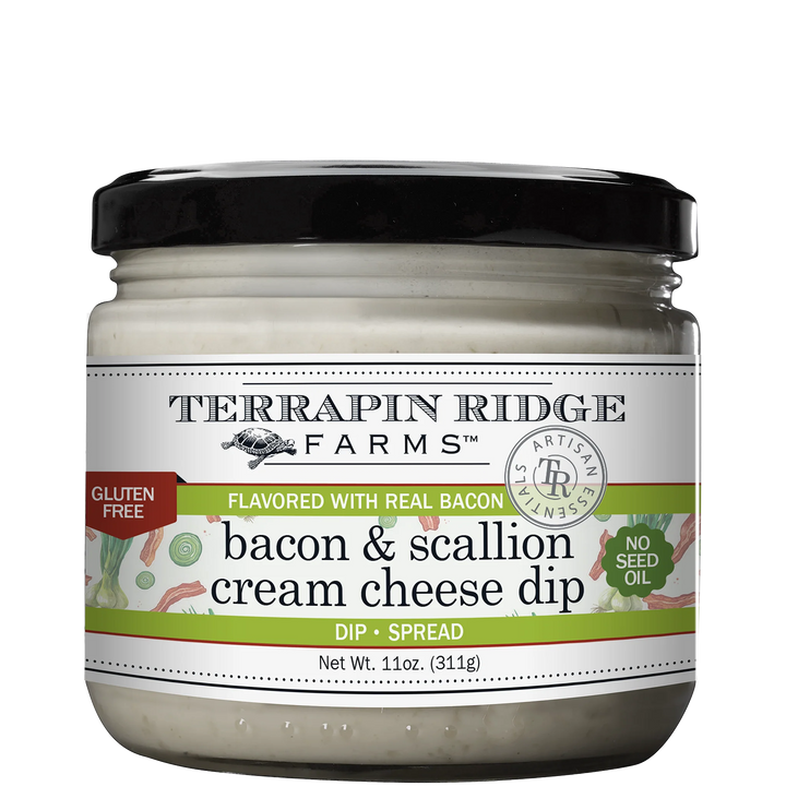Jar of Terrapin Ridge Farms bacon and scallion cream cheese dip on a white background
