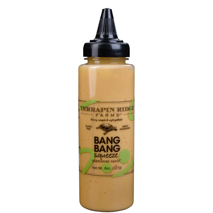 Bottle of Terrapin Ridge Farms Bang Bang squeeze sauce on a white background