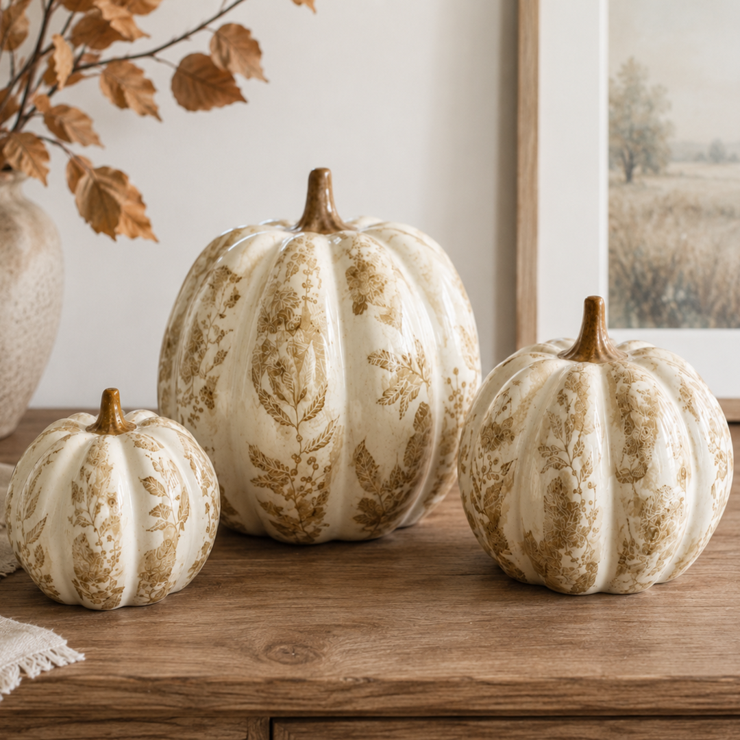 Three decorative faux pumpkins in cream and gold toile pattern, displayed on a rustic wooden table in a styled home interior setting.