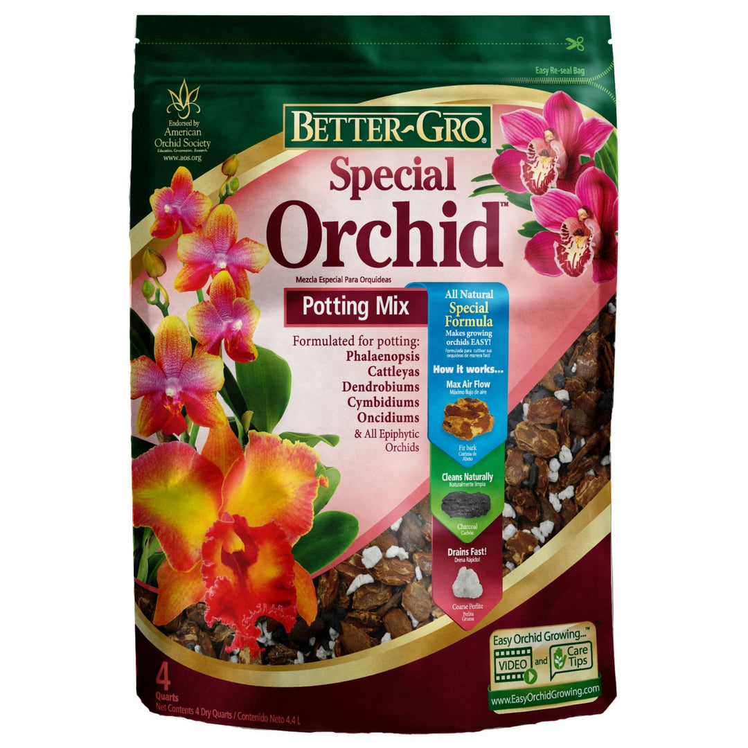 Better-Gro Special Orchid potting mix packaging with orchid images and text.