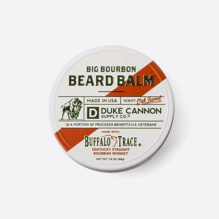 Duke Cannon Big Bourbon Beard Balm container on a white background